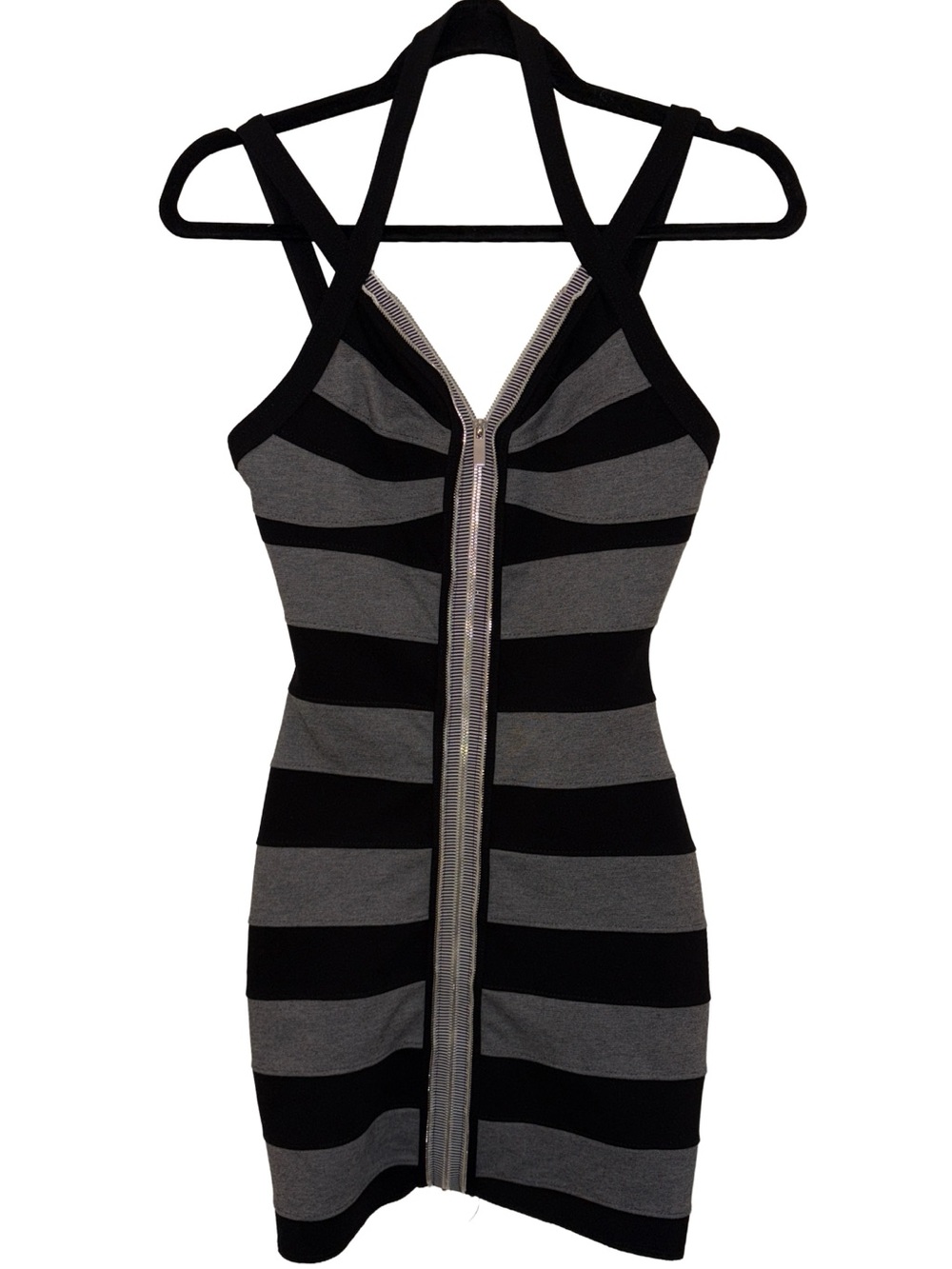 bebe Black & Gray Striped Bodycon Mini Dress Exposed Zipper Size S - Picture 3 of 9